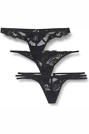 Iris & Lilly Women's Lace Thong Knickers, Pack of 3, Black, 12