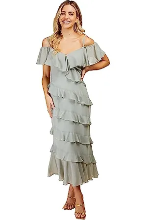 Little Mistress Frill Cold Shoulder Midi Dress