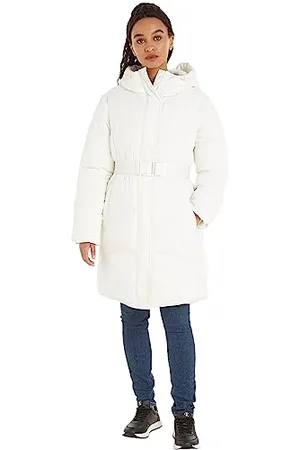 Calvin Klein Women Coat Logo Belt Long Puffer Winter, (Ivory), M