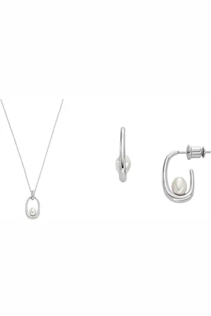 Skagen Damen Halskette und Ohrringe Essential Waves, silberfarbener Edelstahl, Set