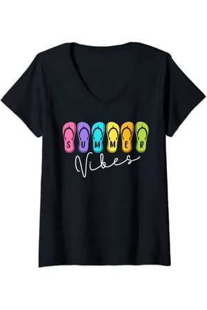 Generic Womens Summer Vibes Vacation Flip Flops Colorful Beach Vacation V-Neck T-Shirt