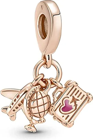 PANDORA Moments Airplane, globe and suitcase 14k -plated dangle with pink enamel