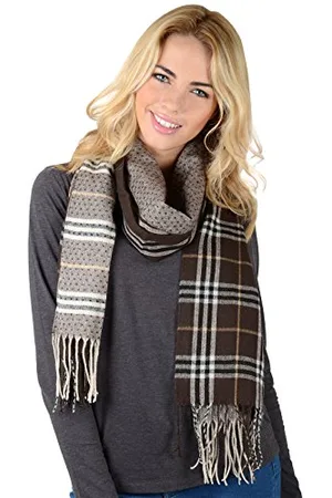 Autumn Faith Womens Scarf Tiree Design Long Soft Woven Brown White Checked With Plain Weave Back Twist Fringe Plaid Ispired By Scottish Islands Hebrides Tweed Pattern Ladies Autumn Winter Fashion Neck Wrap 180cm