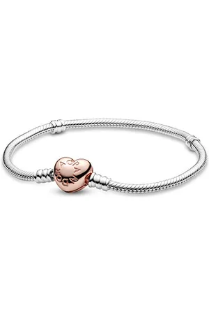 PANDORA Icons Silver bracelet with heart-shaped 14k rose gold-plated clasp, 23
