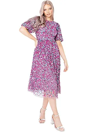 Maya Deluxe Womens Ladies Dress for Special Ocassions Midi Baloon Sleeve Crew Neck Size 6