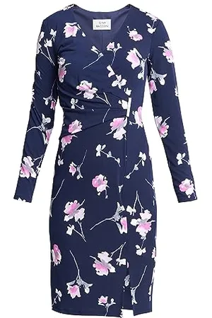 Gina Bacconi Wrap Dress with Gold Trim, Navy/Pink, 12
