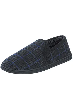 Ego Mens Slippers Traditional Checked Fleece Upper Faux Fur Lining Side Elastic Inserts Non-Slip Hard Sole 12 UK