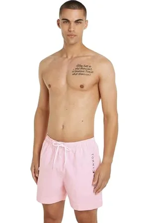Tommy Hilfiger Men Swim Trunks Medium Drawstring Stripe Mid-Length, Pink (Ithaca White/Botanical Pink), XXL
