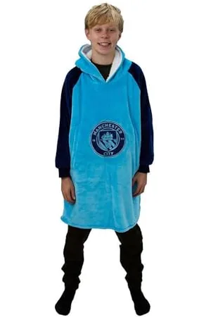 Character MANCHESTER CITY FC Hugzee Oversized Wearable Hooded Fleece Super Warm and Cosy Premium Sherpa Lined, Design Perfect For Kids Aged 7-12 Years, One Size Suggested Height 75cm+