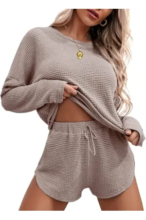 Ekouaer Womens Waffle Knit Pajama Sets Long Sleeve Top and Shorts Matching Lounge Set Loungewear Sweatsuit with Pockets, , L