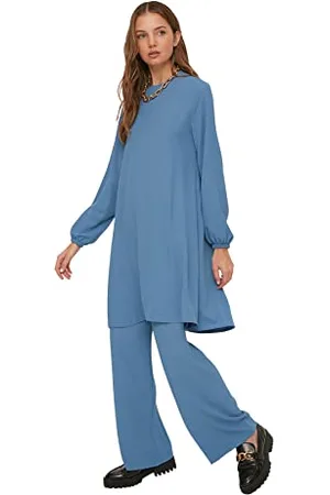 Trendyol Women Plain Elastic Waist Detailed Woven Tunic Modest Top-Bottom Sets