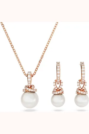 Swarovski Originally Hoop Earrings and Pendant Necklace Set, Crystal Pearl and Crystal Pavé, Rose Gold-Tone Plated Setting, from the Originally Collection