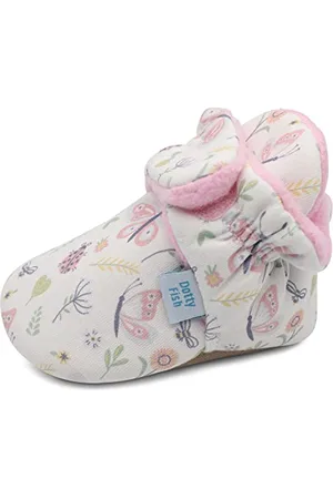 Dotty Fish Cotton Baby Booties with Suede Sole - Warm Fleece Lining – Non-Slip, Stay On Slippers. Soft Pink with Bees and Butterflies. 0-6 months