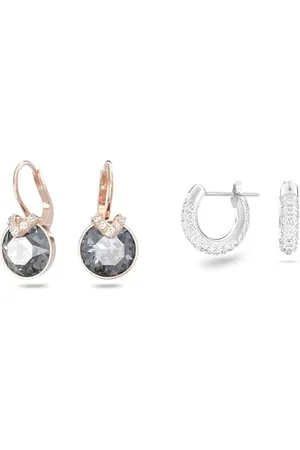Swarovski Bella V drop earrings, Round cut, Pavé, Grey, Rose gold-tone plated & Stone hoop earrings, Small, White, Rhodium plated