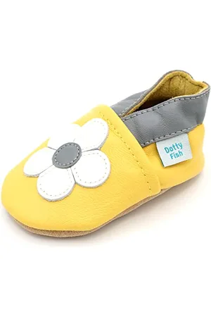 Dotty Fish Soft Leather Baby Shoes. Toddler Shoes. Girls. Non Slip Suede Soles. Yellow and Soft Grey Shoes with Daisy. 0-6 Months (1 UK Child)