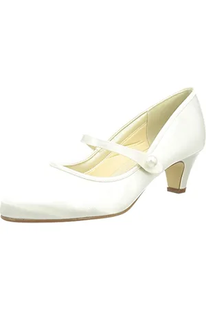 Rainbow Club Bridal Shoes Heather - Pumps, Ivory Cream Satin, Simple, Comfortably Padded, Strap, Block Heel, Ladies
