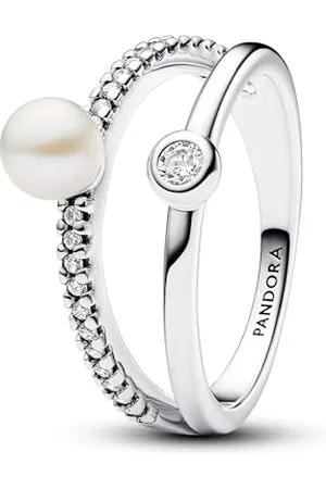 PANDORA Timeless Sterling silver ring with white treated freshwater cultured pearl and clear cubic zirconia, 56