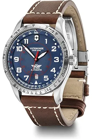 Victorinox Men’s Watch Automatic AirBoss Mechanical, Ø 42 mm, Swiss Made, Water-Resistant up to 100 m, Sapphire Glass, Leather Strap, Blue/Brown