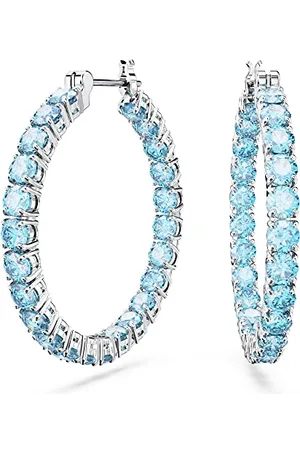 Swarovski Matrix hoop earrings, Round cut, Blue, Rhodium plated