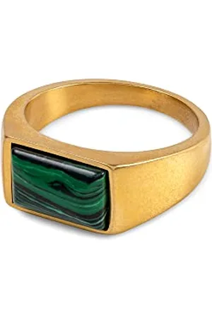 Farah Gents Pale Gold Burnish Ring With Semi Precious Faux Malachite & Laser Etched Logo. Size -V
