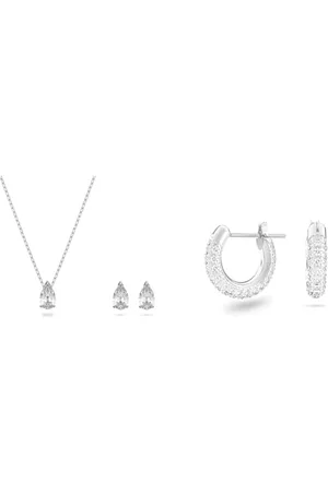 Swarovski Attract set, Pear cut, , Rhodium plated & Stone hoop earrings, Small, , Rhodium plated