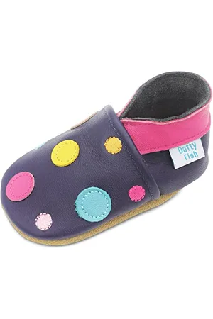 Dotty Fish Soft Leather Baby Shoes. Toddler Shoes. Girls. Navy Shoe with Multi-Coloured Spotty Dotty Design. 0-6 Months (1 UK Child)