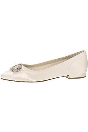 Rainbow Club Dulcie - Pretty Flat Heel Satin Bridal Wedding Shoes with Diamante Brooch, 3.5 UK