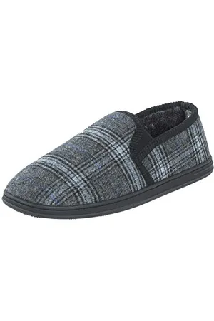 Ego Mens Slippers Traditional Checked Fleece Upper Faux Fur Lining Side Elastic Inserts Non-Slip Hard Sole 12 UK