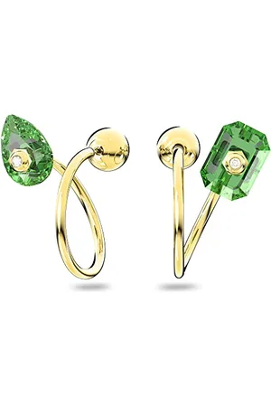 Swarovski Numina Looped Earrings, Asymmetrical Pear Drop and Imperial Cut Green Crystals, Gold-tone Plated from the Numina Collection