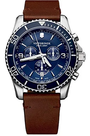 Victorinox Men’s Watch Maverick Chronograph Ø 43 mm, Swiss Made, Analogue Quartz, Water-Resistant up to 100 m, Leather Strap, Blue/Brown