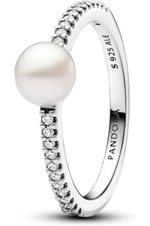 PANDORA Timeless Sterling silver ring with white treated freshwater cultured pearl and clear cubic zirconia, 54