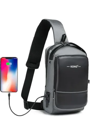 Kono Anti-Theft Sling Backpack, Water-resistant Crossbody Bag With USB Charging Port, Fashion Travel Mans Chest Bag for Cycling Camping Walking (Black/Grey)