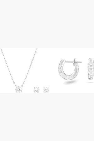 Swarovski Attract set, Round cut, , Rhodium plated & Stone hoop earrings, Small, , Rhodium plated