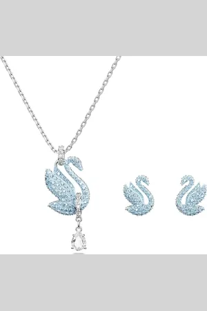 Swarovski Iconic Swan Stud Earrings and Necklace Set, White and Crystals in a Rhodium Plated Setting, from the Iconic Collection