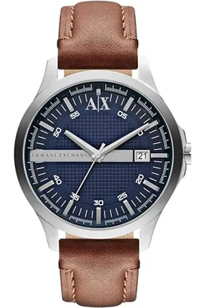 Armani Exchange Watch for Men, Three Hand Date Movement, 46 mm Stainless Steel Case with a Leather Strap, AX2133