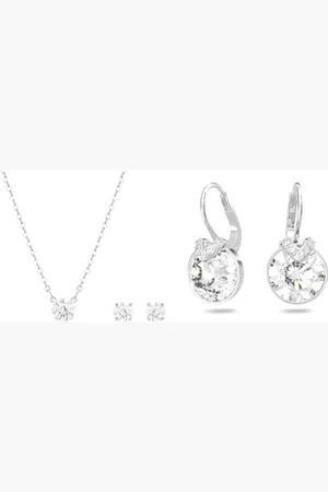 Swarovski Attract set, Round, , Rhodium plated & Bella Drop Pierced Earrings, with Clear Crystals, Rhodium Plated Setting and Clear Crystal Pavé, a Part of the Bella Collection