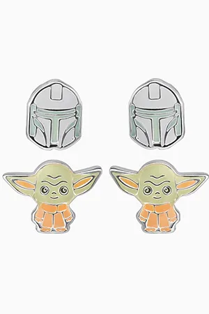 Disney S Star Wars The Mandalorian The Child & Boba Fett Green, orange and grey Enamel Silver plated Twin Pack Earring Set SF00246SL.PH