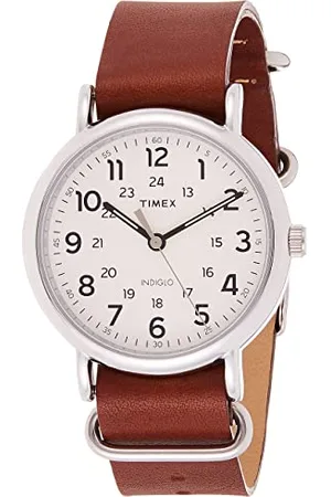 Timex Weekender 40mm Unisex Analogue Quartz Watch with White Dial and Brown Leather Strap T2P495