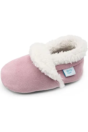 Dotty Fish Suede Baby Slippers. Warm Fleece Lined. Infant Toddler Shoes. Non-Slip Soft Sole. Girls. Pale Pink. 18-24 Months (6.5 UK Child)