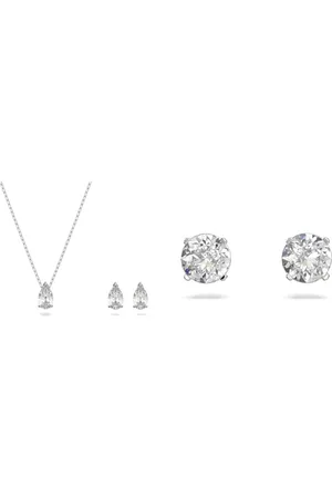 Swarovski Attract set, Pear cut, , Rhodium plated & Attract stud earrings, Round cut, Small, , Rhodium plated