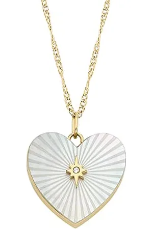 Fossil Necklace for Women Locket Collection White Mother of Pearl Chain Heart Necklace, Length: 406mm+60mm, Width: 17.8mm, Height: 17.7mm, JF04430710