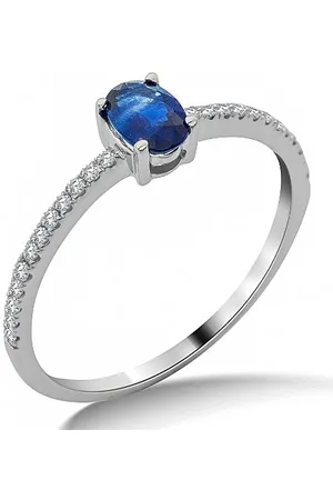 Miore 9ct White Gold Blue Sapphire and Diamond Shoulder Set Engagement Ring SA986R - Size P