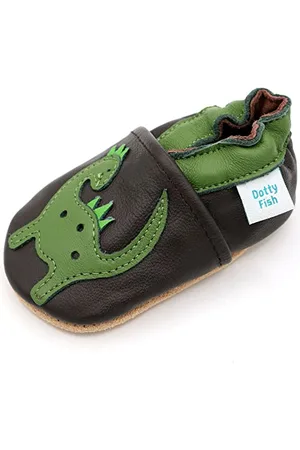 Dotty Fish Soft Leather Baby Shoes for Boys. Toddler Shoes. Non Slip. Green and Brown Shoe with Dinosaur Design, 12-18 Months