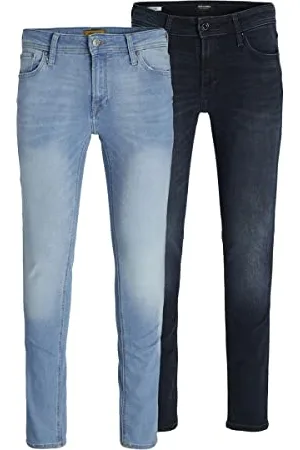 JACK & JONES Mens Denim Jeans Skinny Fit Stretchable Multipack Pants Zip Fly Low Rise Tight Leg Opening, Pack of 2, Colour, 32W / 30L