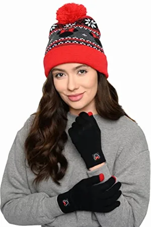 Disney Adult Knit Beanie Hat and Texting Glove Set Mickey Minnie Mouse Print, Red, One Size
