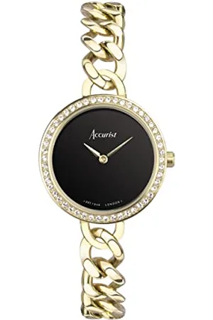 Accurist Ladies Jewellery 28mm Quartz Watch in Black with Analogue Display, and Gold Stainless Steel Bracelet 78006