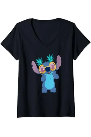 Disney Lilo & Stitch Pineapple Sunglasses Silly Face Logo V-Neck T-Shirt
