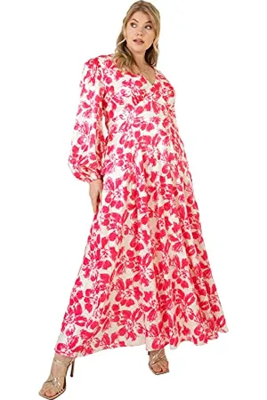 Lovedrobe Womens Dress for Plus Size Ladies V Neckline Maxi Long Sleeve Length Tie Belt Bishop Flower Pattern for Office Party Size 18