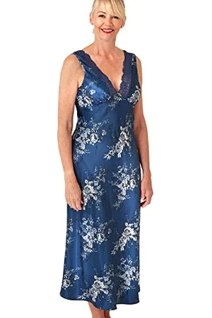 Marlon Womens Cleo Printed Satin & Floral Lace Long Nightgown, , 10-12