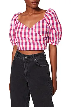 NA-KD Puff Sleeve Wrap Blouse, Check, EU 40